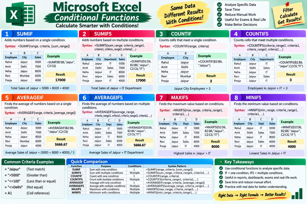 Excel Conditional Functions: SUMIF, SUMIFS, COUNTIF, COUNTIFS और More