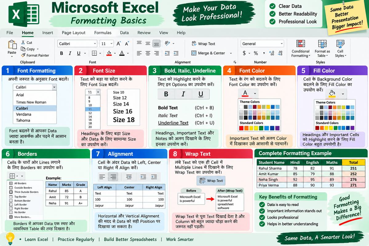 Excel Formatting क्या है? Font, Color, Borders, Alignment और Wrap Text - NotesMind