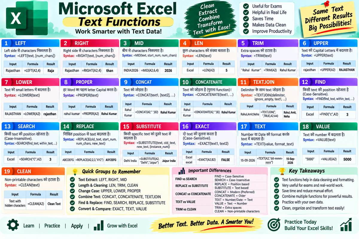 Excel Text Functions in Hindi – LEFT, RIGHT, MID, LEN, CONCAT, TEXTJOIN