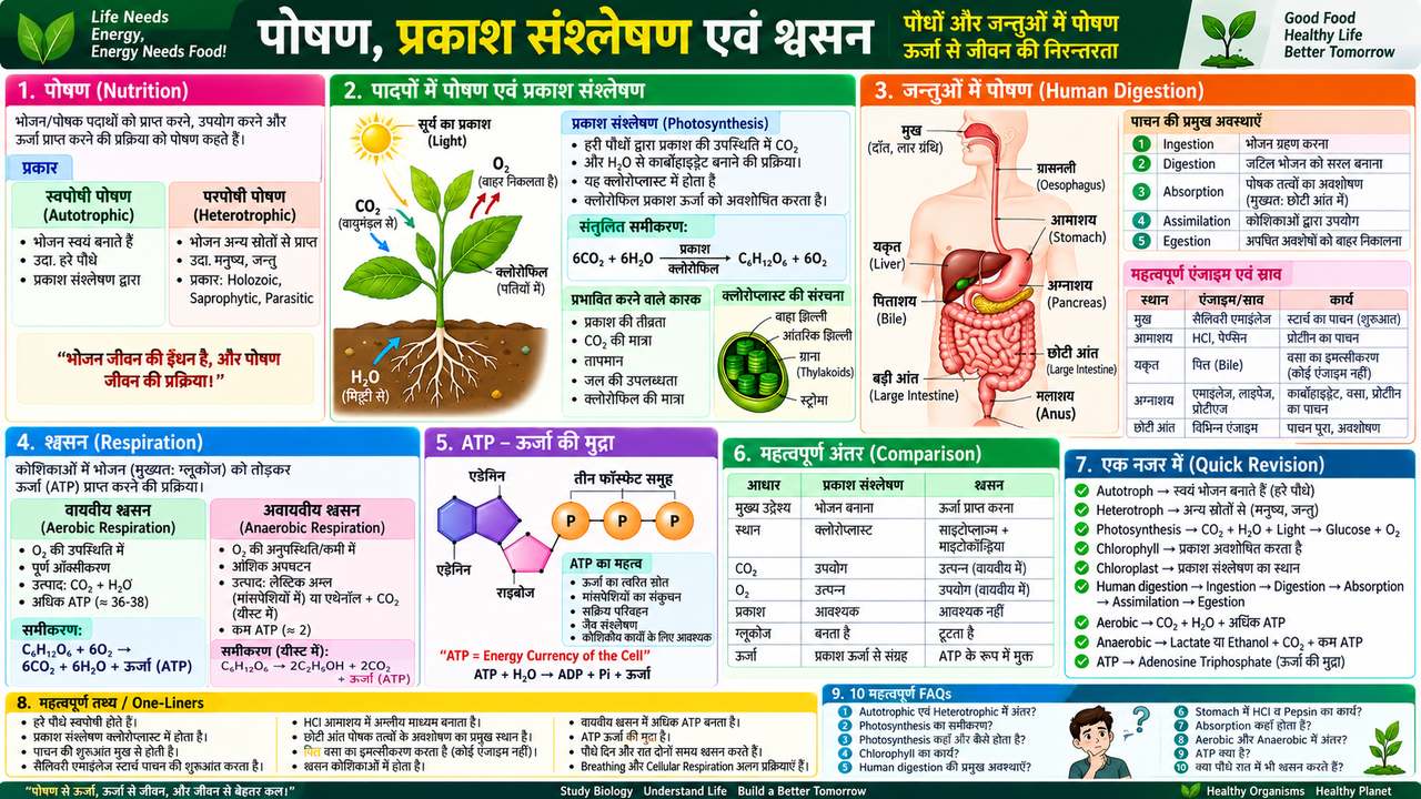 पोषण, प्रकाश संश्लेषण एवं श्वसन | Nutrition, Photosynthesis & Respiration Notes - NotesMind