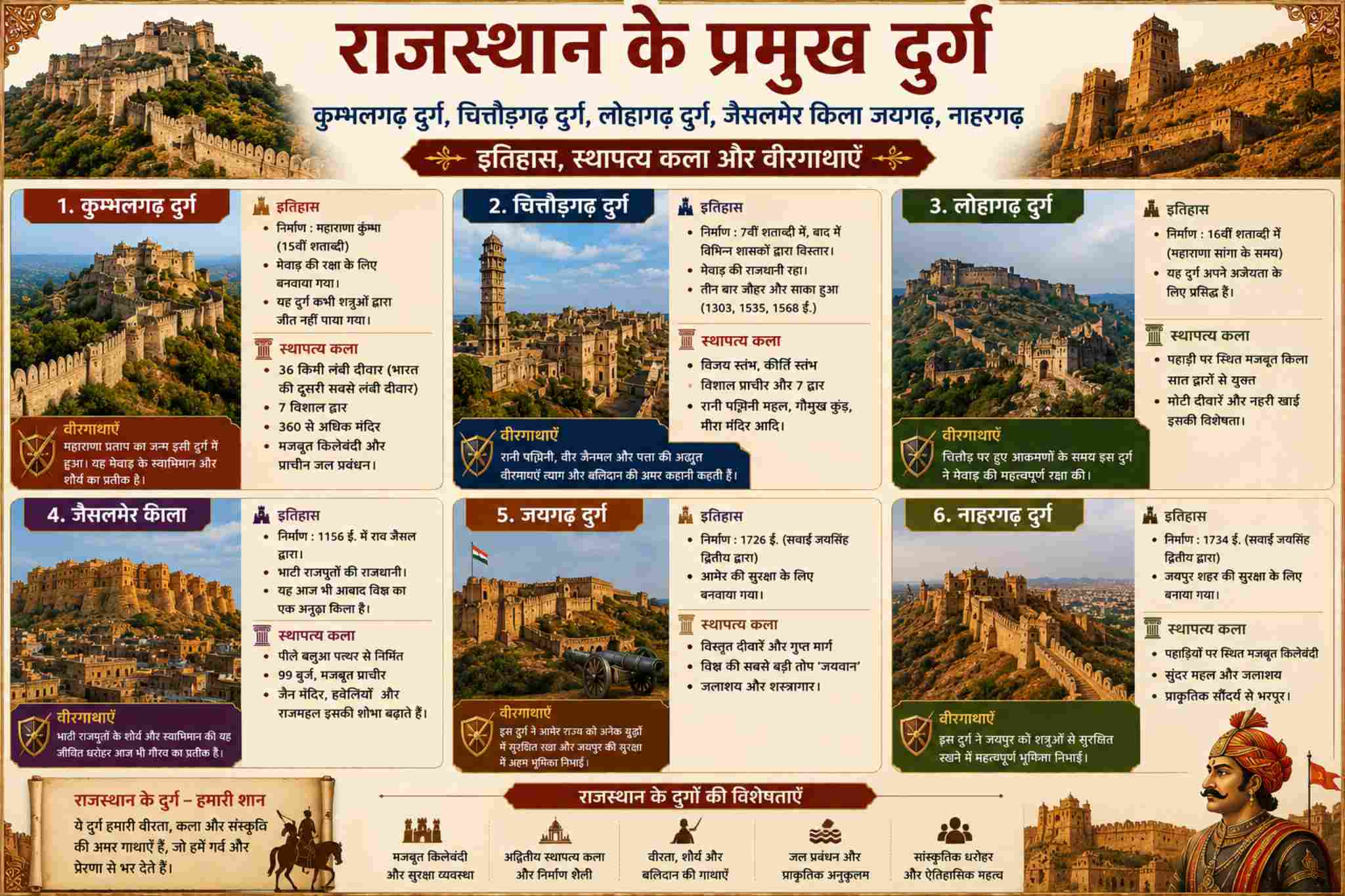 राजस्थान के प्रमुख दुर्ग - कुम्भलगढ़ दुर्ग, चित्तौड़गढ़ दुर्ग, लोहागढ़ दुर्ग, जैसलमेर किला जयगढ़, नाहरगढ़,| इतिहास, स्थापत्य कला और वीरगाथाएँ - राजस्थान के प्रसिद्ध महल Study Material - NotesMind