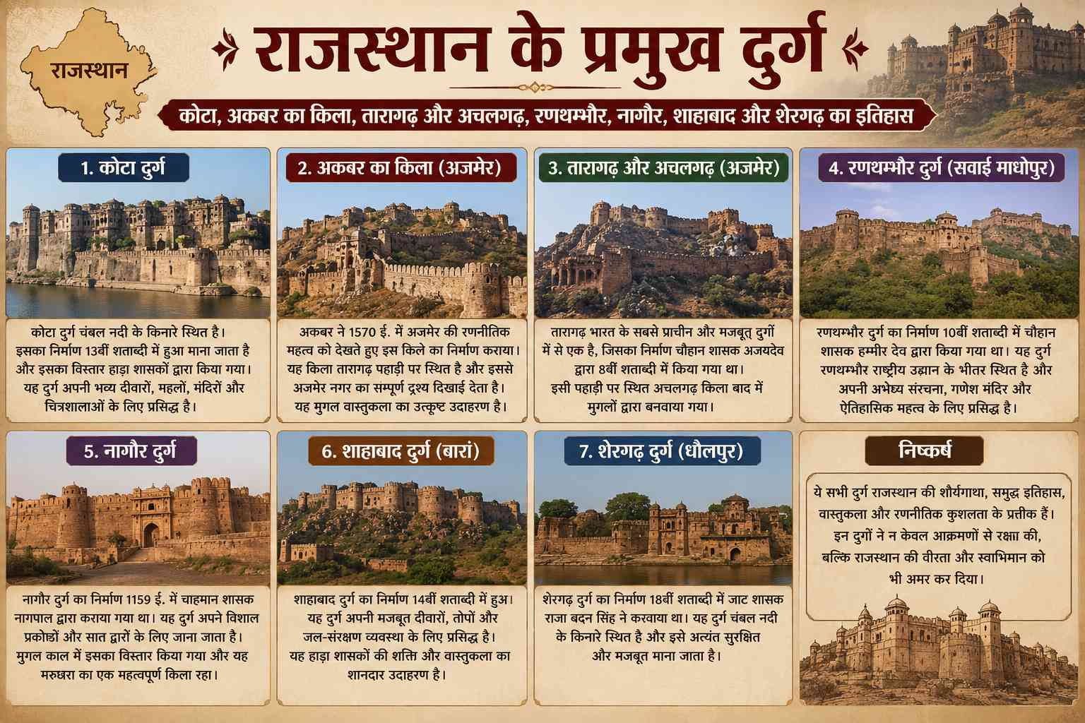 राजस्थान के प्रमुख दुर्ग | कोटा, अकबर का किला, तारागढ़ और अचलगढ़ ,रणथम्भौर, नागौर, शाहाबाद और शेरगढ़ का इतिहास - राजस्थान के प्रसिद्ध महल Study Material - NotesMind