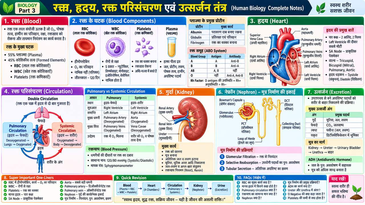 रक्त, हृदय, रक्त परिसंचरण एवं उत्सर्जन तंत्र | Human Biology Notes - NotesMind
