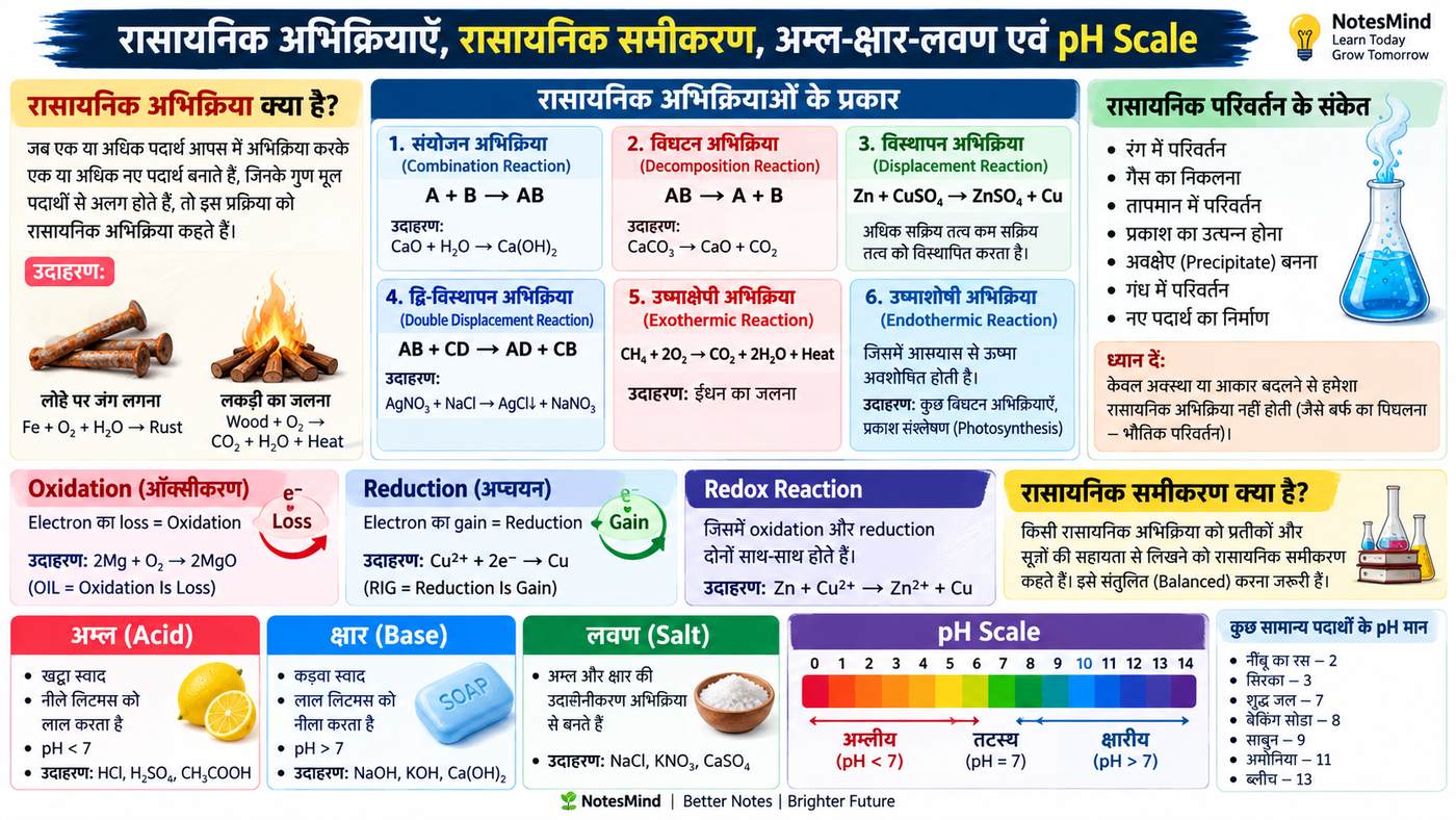 रासायनिक अभिक्रियाएँ, समीकरण, अम्ल-क्षार-लवण एवं pH Scale - NotesMind